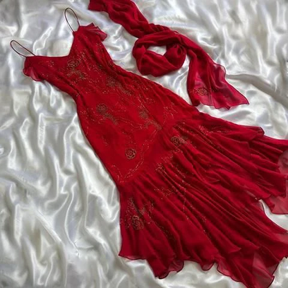 Red Chiffon Beaded Long Prom Dress Mermaid Evening Dress cc1415
