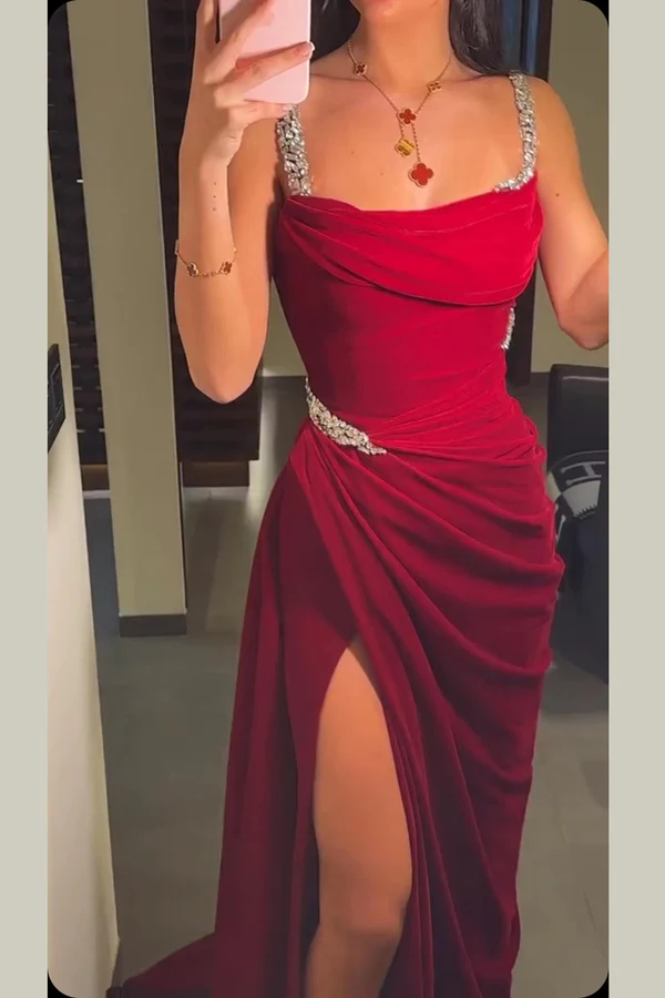 Fashion Burgundy Mermaid Pleated Prom Dress Slit Party Evening Gown cc1741