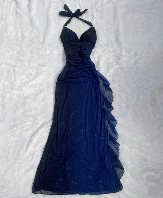 Beautiful Halter Ombre Navy Blue V Neck Chiffon Long Prom Dress Party Dress cc1395