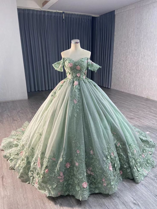 Shiny Green Ball Gown Tulle Appliques Sequins 3D Flower Sweet 16 Dress Prom Dress  cc1617