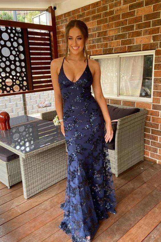 Sexy Navy Blue Mermaid Halter Collar Sequined Mesh Long Prom Dress Evening Dress cc4703