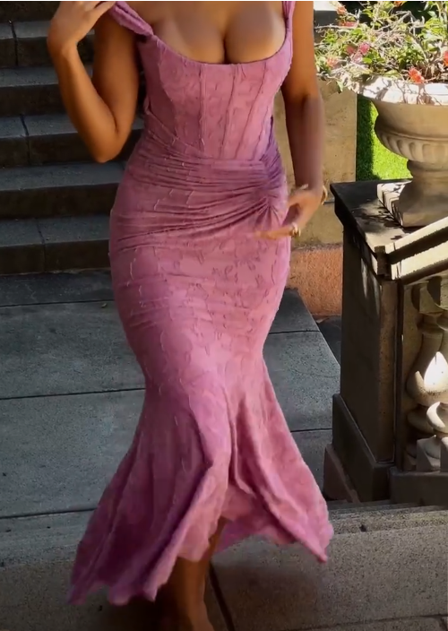 Sexy Rose Pink Floral Long Prom Dress Mermaid Party Evening Dress cc1623