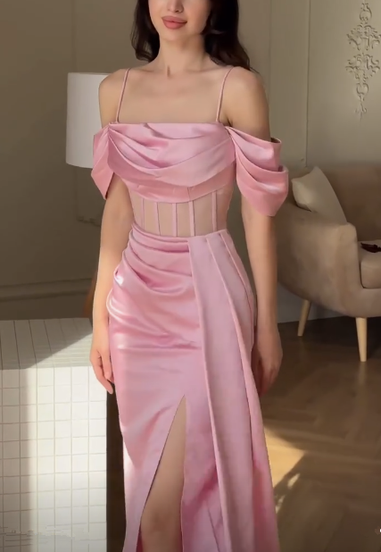 Pink Mermaid Evening Dress Long Slit Party Prom Dress cc1604