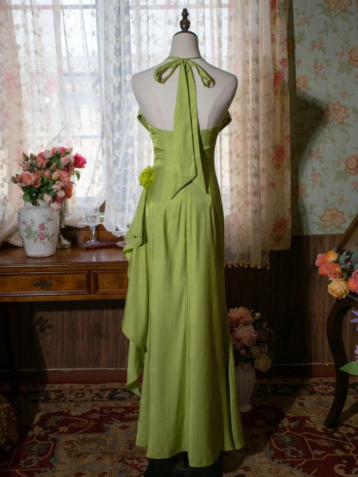 Green Halter Floral Prom Gown Vintage Party Dress Evening Dress cc1490