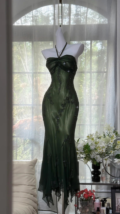 Luxury Dark Green Mermaid Bead Embroidered Chiffon Long Prom Dress Evening Dress cc5276