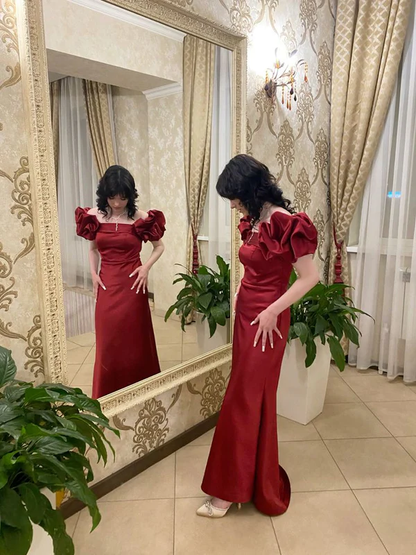 Red Satin Mermaid Prom Dress Puff Sleeves Party Evening Dress cc1585
