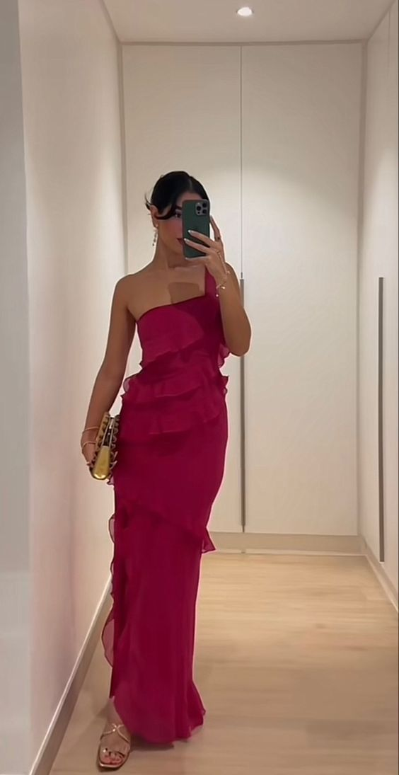 Sexy One Shoulder Chiffon Hot Pink Prom Dress Sheath Evening Dress cc1607