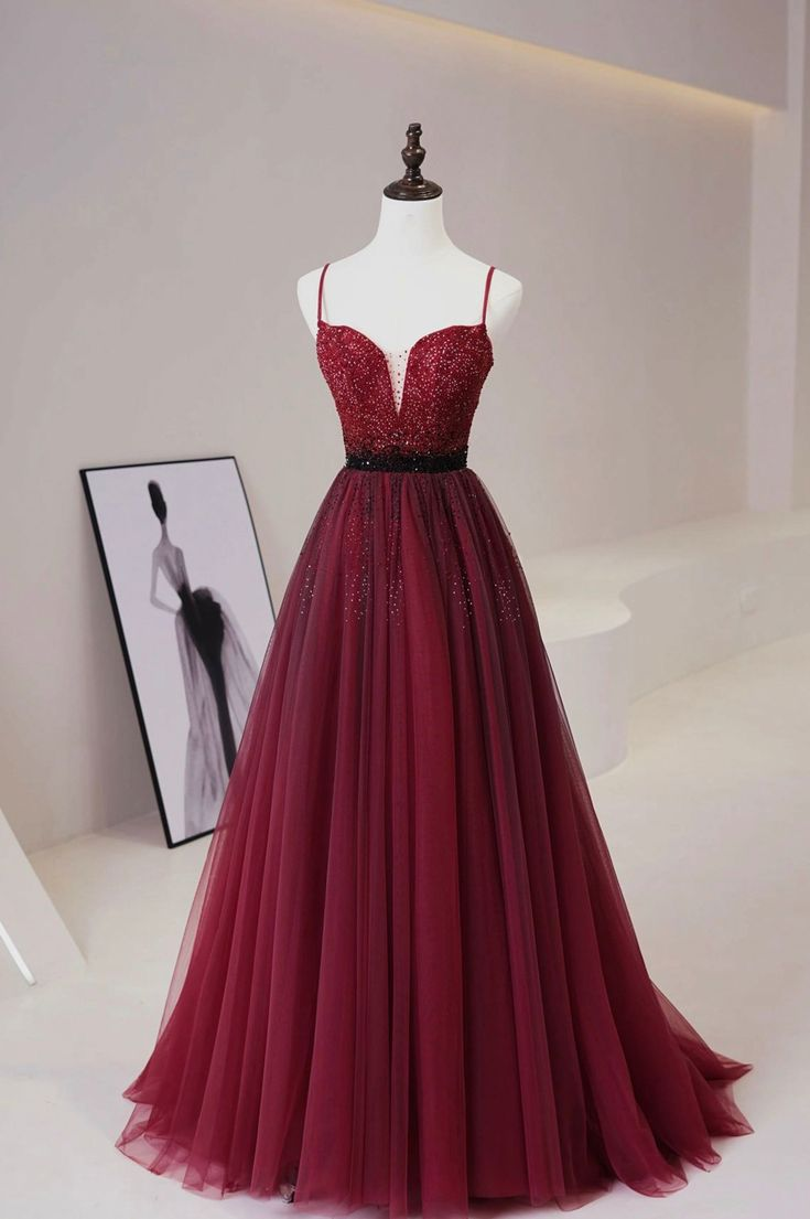 Burgundy Tulle Beaded Long Prom Dress, A-Line Spaghetti Strap Evening Dress cc973