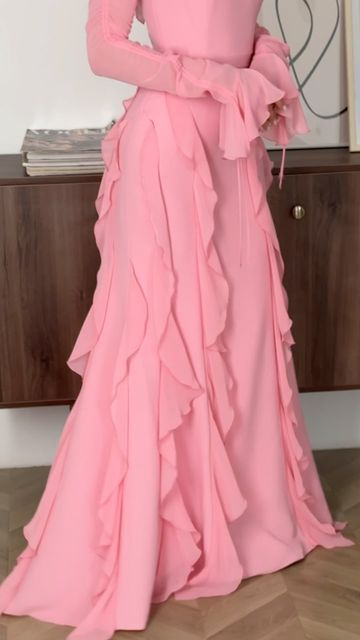 Pink Chiffon Ruffles Long Party Evening Dress cc2398