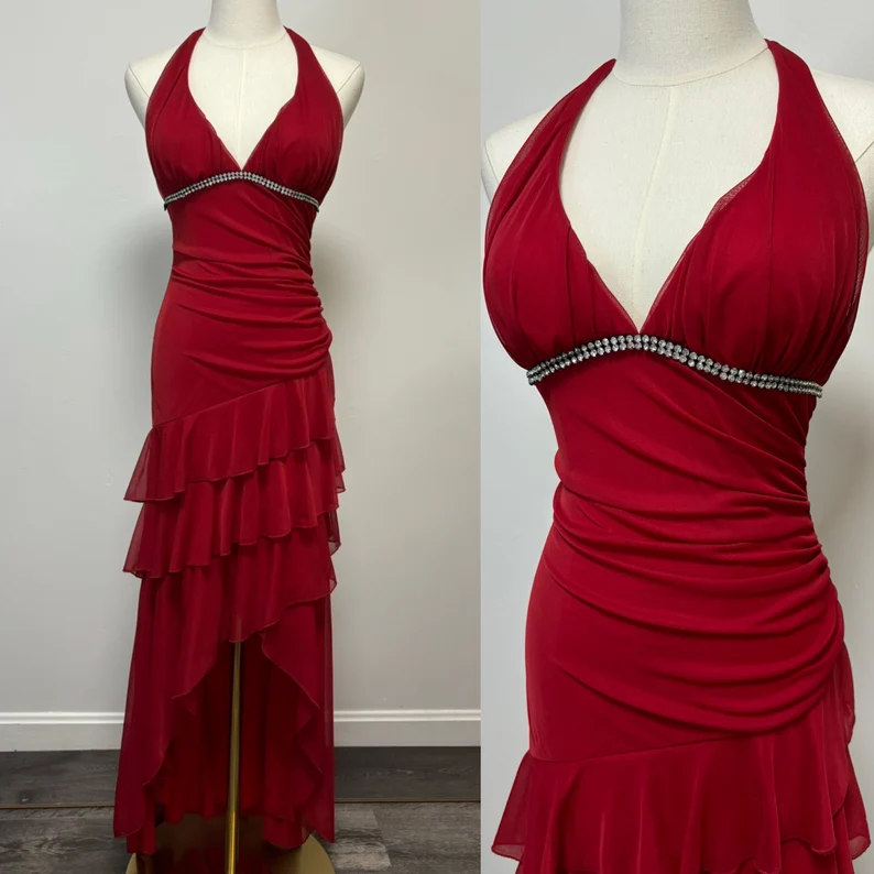 Vintage Red Asymmetrical Ruffle Tiered Halter Formal Prom Dress Evening Dress cc1760