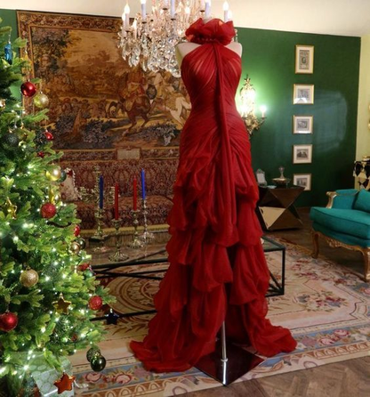 Modest High Low High Neckline Tulle Red Prom Dresses cc1160