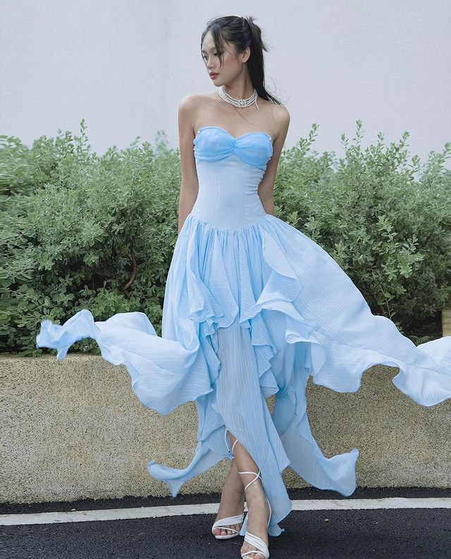 Fairy Blue Strapless Irregular Chiffon Prom Dress Long Evening Dress cc2701