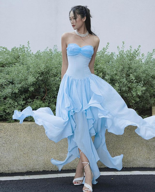 Fairy Blue Strapless Irregular Chiffon Prom Dress Long Evening Dress cc2701