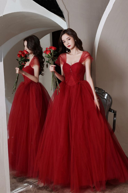 Red Tulle Long A-Line Prom Dress, Off the Shoulder Evening Graduation Dress cc1204