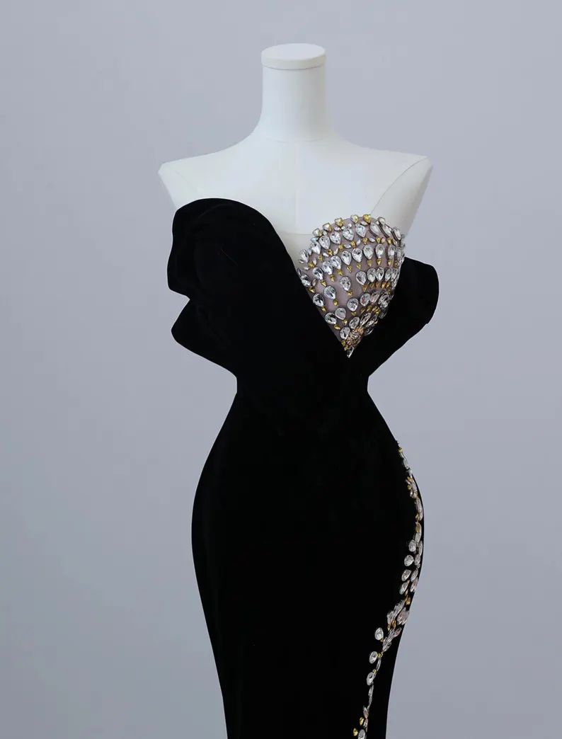 Black Velvet Beaded Prom Dress Formal Mermaid Evening Dress cc1703