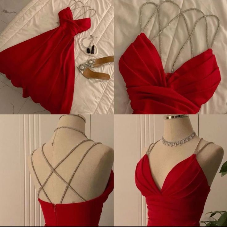 Gorgeous Red Satin Beaded V Neck Evening Dress A Line Party Evening Dress cc1870