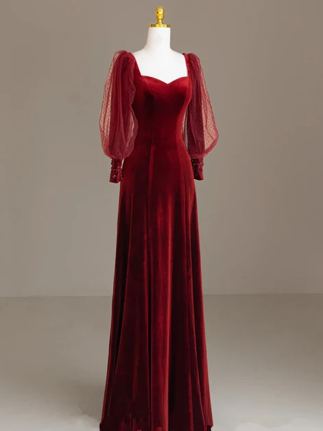 Elegant Burgundy Velvet Long Prom Dress, Puffy Sleeves Wedding Party Dress cc1513