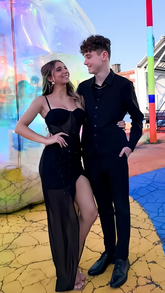 Sexy Black Tulle Beaded Evening Dress,Spaghetti Straps Slit Prom Dress cc2485