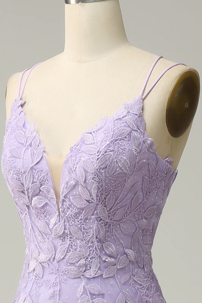 Purple Spaghetti Straps Mermaid Long Prom Dress With Appliques cc1257