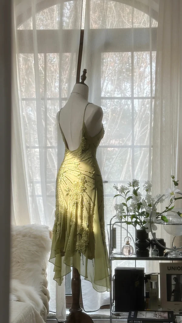 Vintage Green Chiffon Beaded Birthday Dress Homecoming Dress cc3037