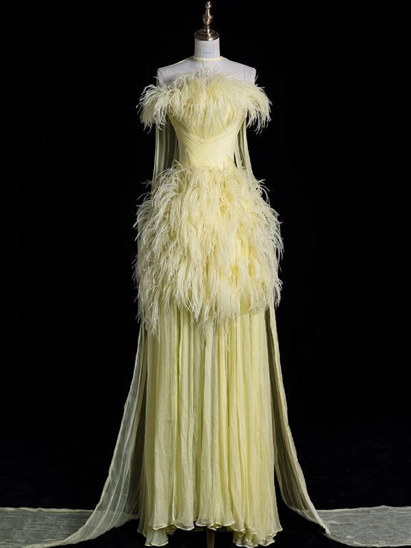 Luxury Yellow Off The Shoulder Evening Gown Chiffon Feathers Party Prom Dress With Beaded cc2430