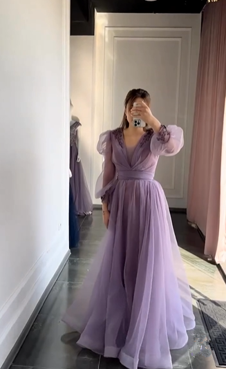 Purple A-line Tulle Beaded Evening Dress With Puff Sleeves cc692