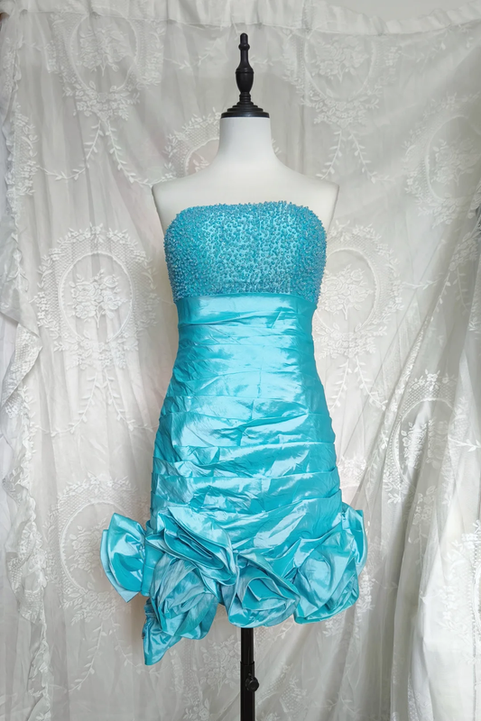 Vintage Blue Strapless Satin Pleated Short Party Dress Rose Flowers Hem Homecoming Dress cc3310