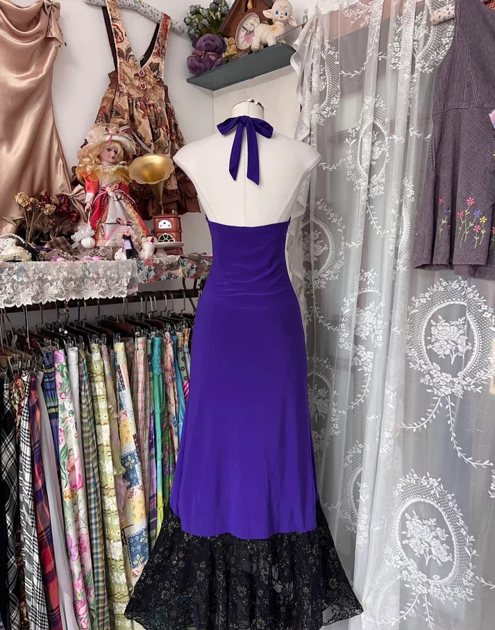 Unique Purple Satin Lace Ruffles Evening Dress Halter Mermaid Prom Dress cc2283