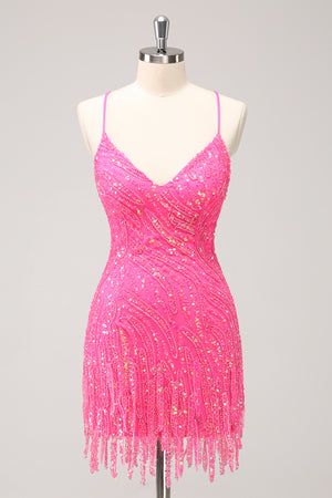 Gorgeous Spaghetti Straps Sequin Tassel Mini Birthday Party Dress Pink Homecoming Dress cc3332