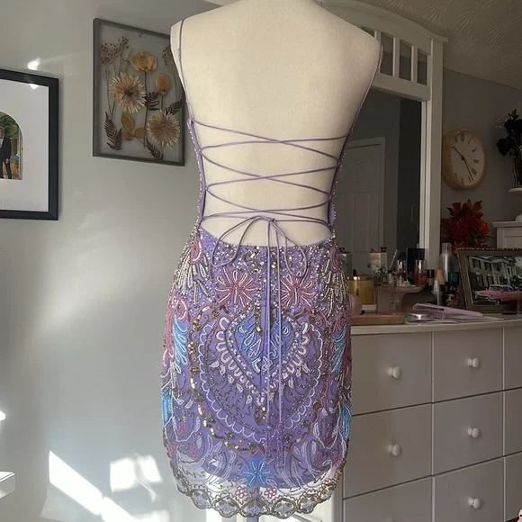 Gorgeous Spaghetti Straps Beaded Lilac Cocktail Dress Formal 8th Grade Homecoming Dress cc3471