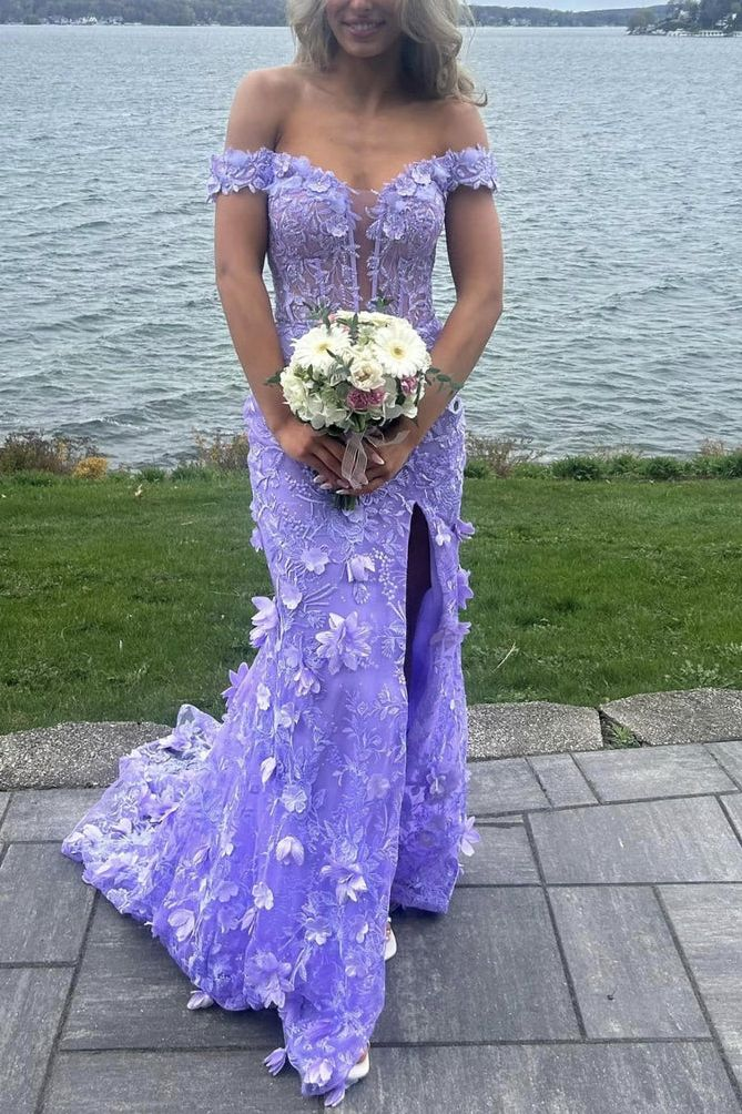 Purple Off The Shoulder Tullelace Appliques Evening Dress Slit Mermaid Party Dress cc2442