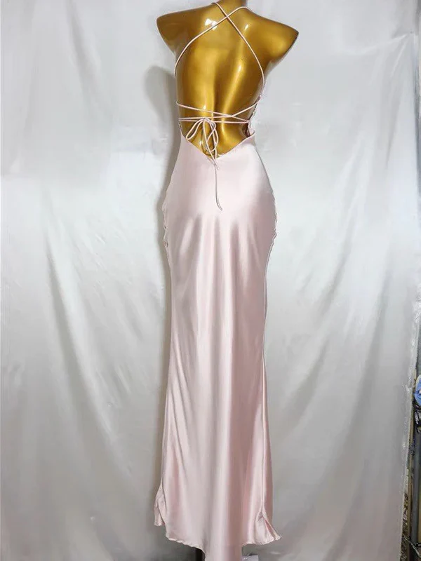 Simple Straps Pink Sheath Long Party Evening Dress cc2583