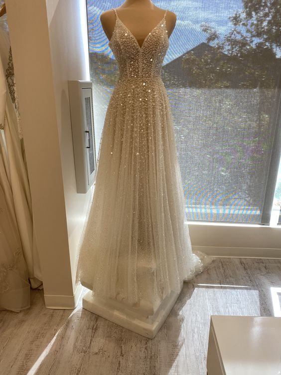 Shiny A-line V Neck Prom Dress Formal Gown cc1087