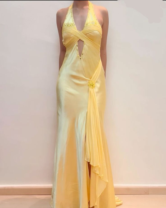 Yellow Halter Satin Beaded Mermaid Prom Dress，Slit Long Party Evening Dress cc2868