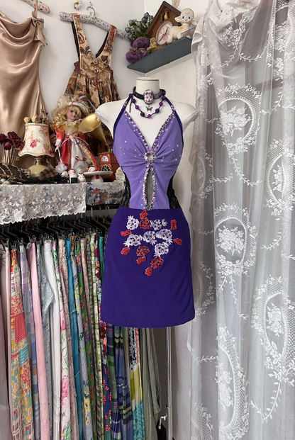 Charming Halter Beaded Sheath Cocktail Dress Birthday Dress Purple Backless Homecoming Dress cc3144