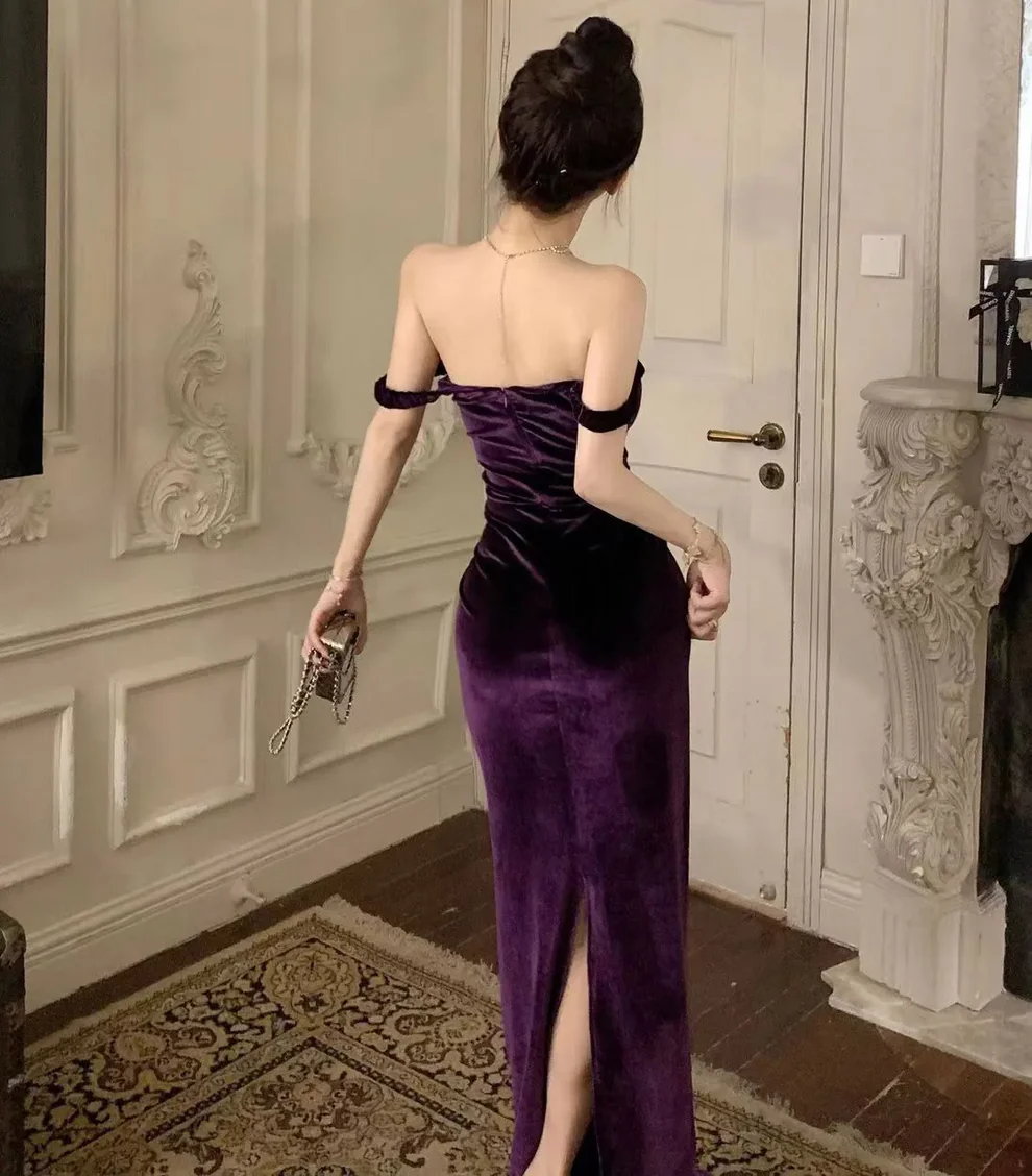 Purple Elegant Off Shoulder Mermaid Evening Dress,Velvet Slit Mermaid Party Prom Dress cc2604