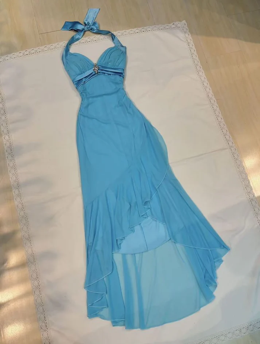 Halter Blue Ruffle Mermaid Prom Dress Formal Evening Dress cc2530