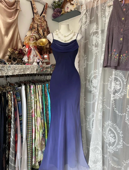 Charming Ombre Navy Blue Chiffon Long Mermaid Prom Dress Evening Dress cc2281