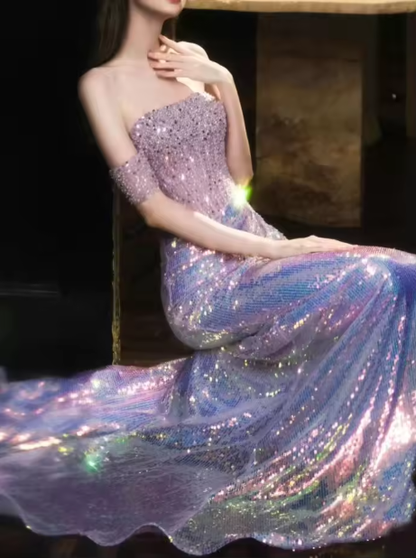 Glitter Sequins Beaded Mermaid Evening Dress,Lilac Off Shoulder Party Prom Dress cc2636