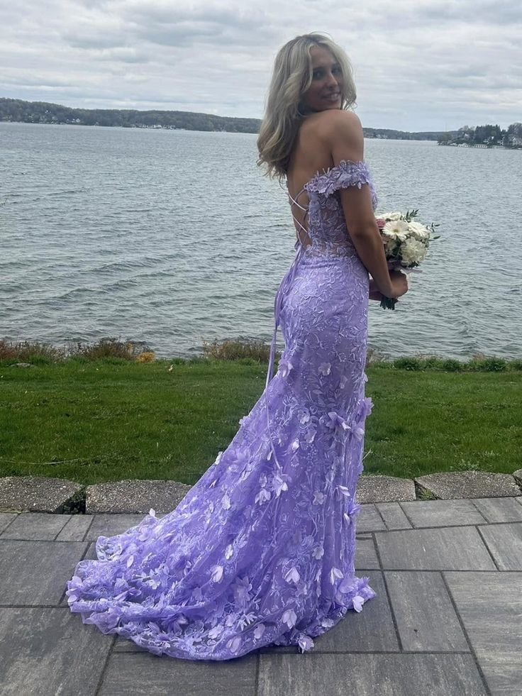 Purple Off The Shoulder Tullelace Appliques Evening Dress Slit Mermaid Party Dress cc2442
