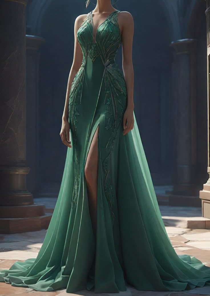 Sexy V Neck green Satin Chiffon Appliques Evening Dress,Mermaid Slit Party Prom Dress cc2816