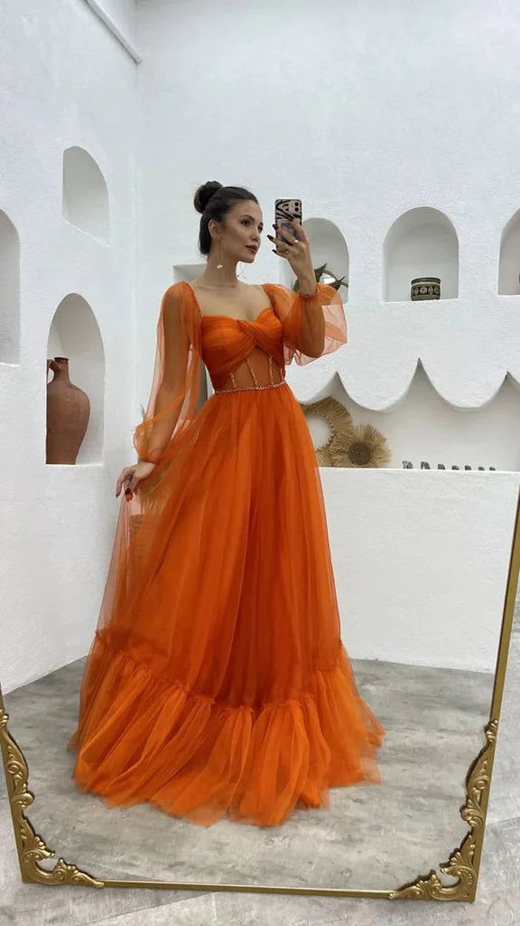 A Line Tulle Orange Long Sleeves Long Prom Dress Long Evening Dress cc1280