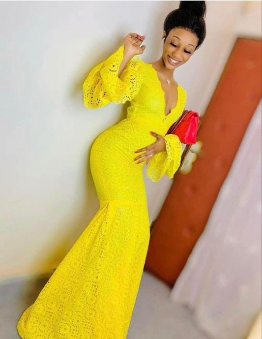 Yellow Lace Mermaid V Neck Prom Dress,Yellow Formal Gown  cc1167