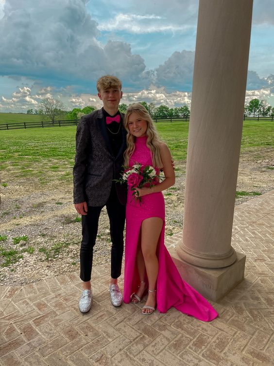 Beaded Slit Sheath Prom Dress Hot Pink Long Evening Dress cc1233