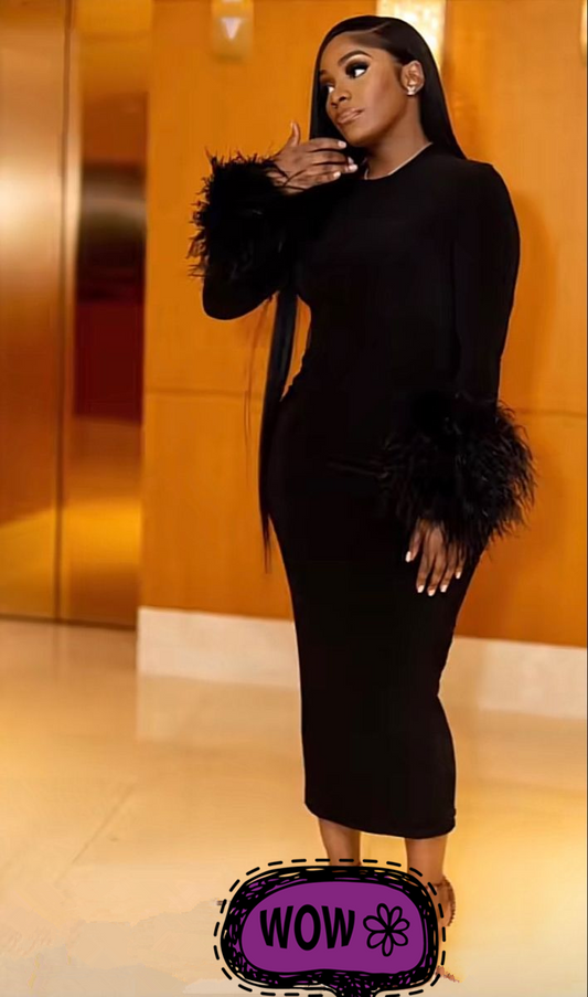 Feather Patchwork Dress Women Elegant Chic Bodycon Evening Party Dress cc597