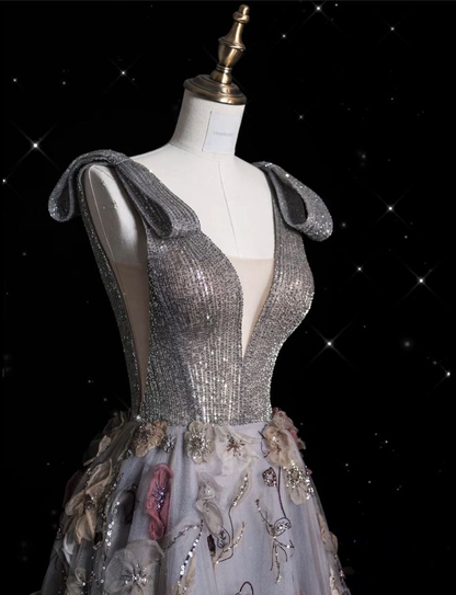 Charming Deep V Tulle Beded Appliques Ball Gown Gray A Line Prom Evening Dress cc2453