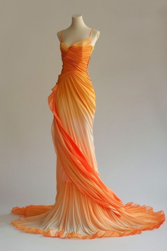 Unique Spaghetti Straps Ombre Orange Chiffon Prom Dress,Long Mermaid Party Evening Dress cc2815