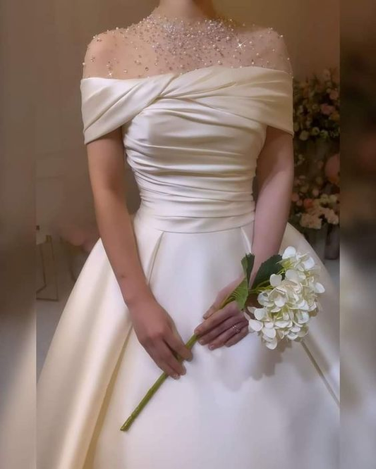 Stunning White A-line Satin Wedding Dress,White Bridal Gown cc1219