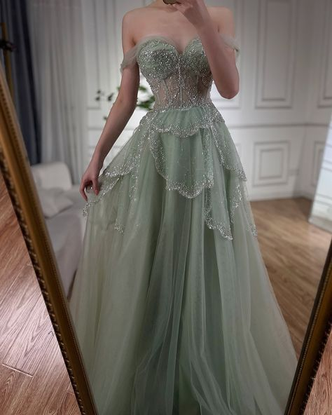 Off The Shoulder Tulle Beaded Evening Dress,Shiny Sage Green Prom Party Dress cc2584