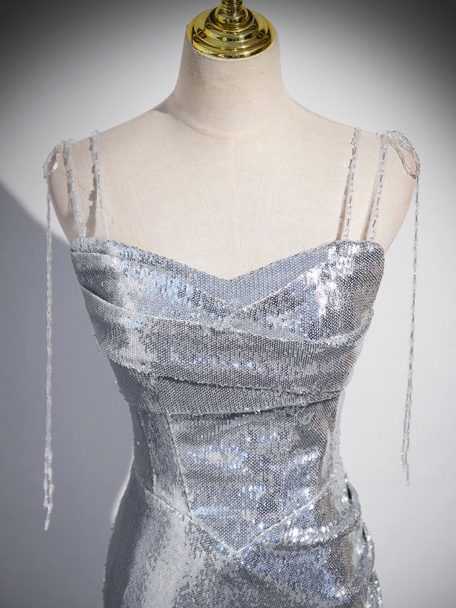 Charming Silver Mermaid Sequins Spaghetti Straps Pleated Prom Dress Long Party Dress  cc1556